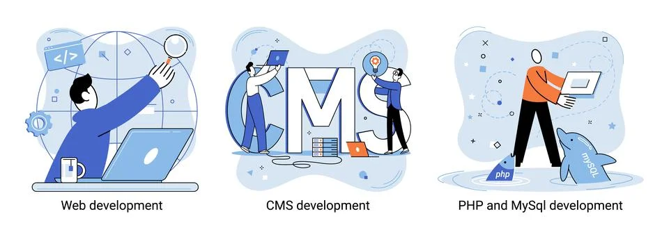 Website architecture concepts. Web development, PHP, MySQL, CMS, interface Illustrazione stock