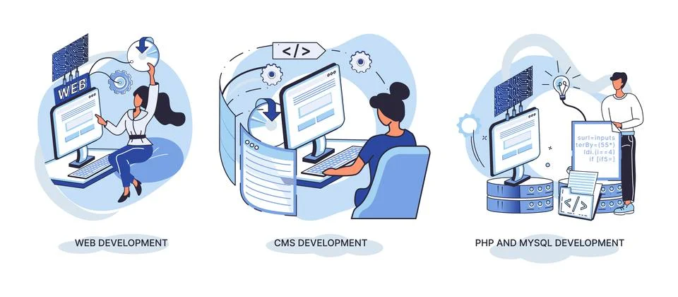 Website architecture concepts. Web development, PHP, MySQL, CMS, interface 스톡 일러스트