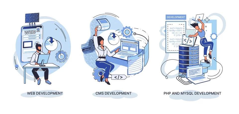 Website architecture concepts. Web development, PHP, MySQL, CMS, interface Illustrazione stock