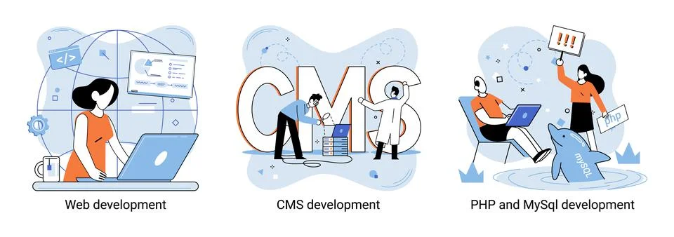 Website architecture concepts. Web development, PHP, MySQL, CMS, interface Stockillustratie