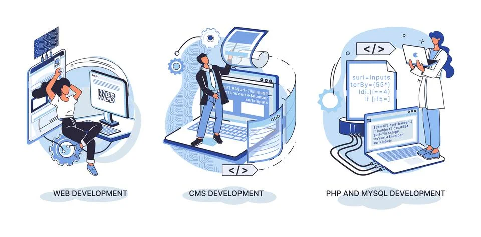 Website architecture concepts. Web development, PHP, MySQL, CMS, interface Stock Illustration