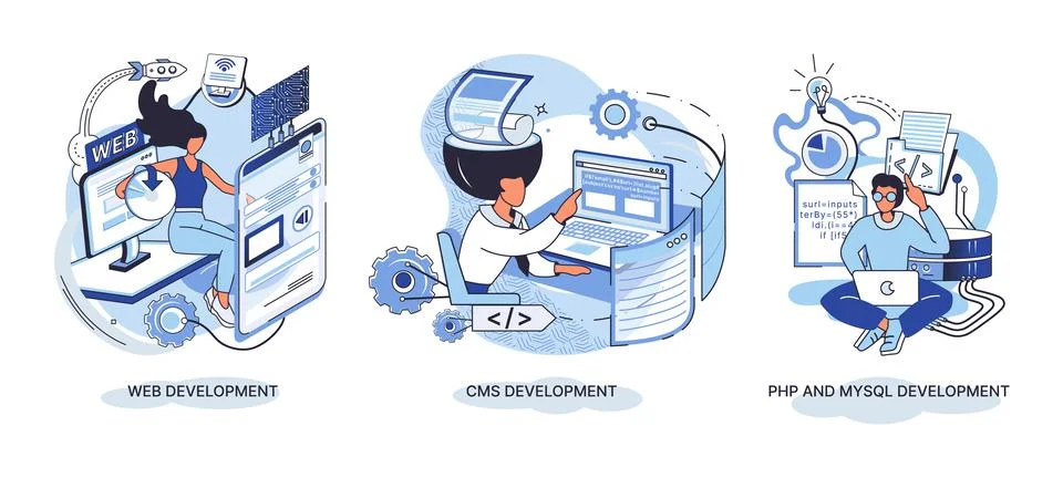 Website architecture concepts. Web development, PHP, MySQL, CMS, interface Stock Illustration