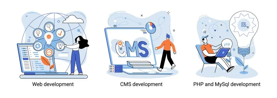 Website architecture concepts. Web development, PHP, MySQL, CMS, interface Stock Illustration