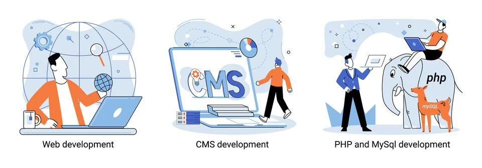 Website architecture concepts. Web development, PHP, MySQL, CMS, interface Stock Illustration