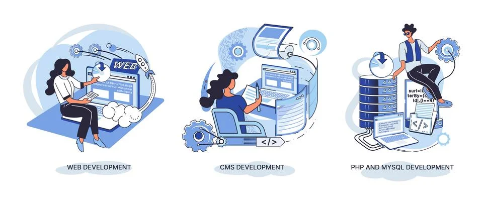 Website architecture concepts. Web development, PHP, MySQL, CMS, interface Stockillustratie