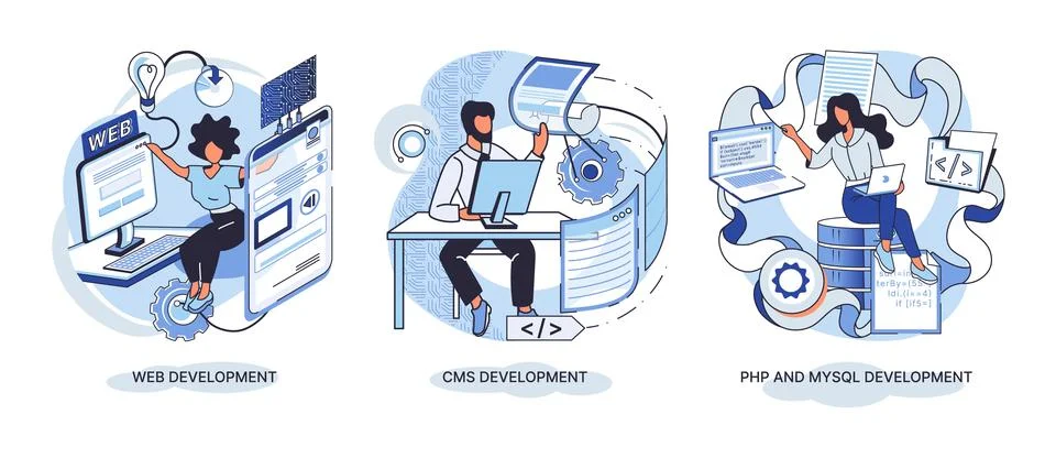 Website architecture concepts. Web development, PHP, MySQL, CMS, interface Illustrazione stock