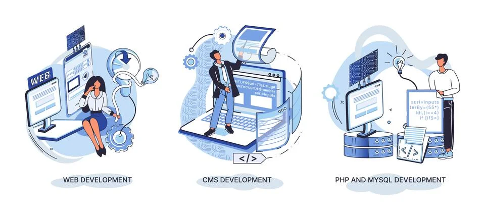 Website architecture concepts. Web development, PHP, MySQL, CMS, interface Stock Illustration