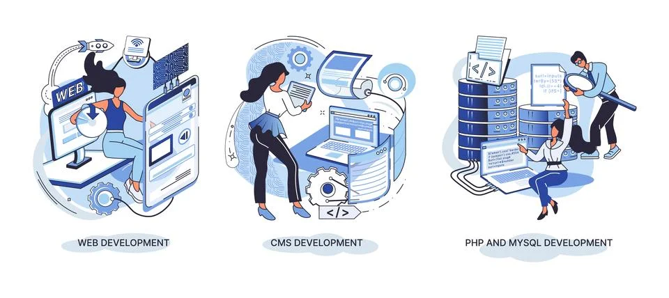 Website architecture concepts. Web development, PHP, MySQL, CMS, interface Stockillustratie