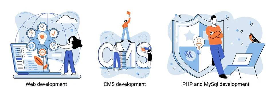 Website architecture concepts. Web development, PHP, MySQL, CMS, interface Stock Illustration