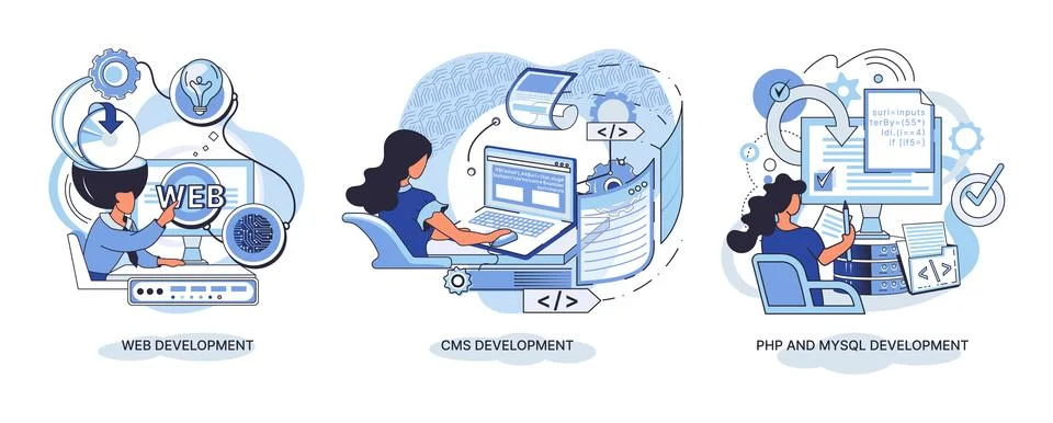 Website architecture concepts. Web development, PHP, MySQL, CMS, interface Stock Illustration