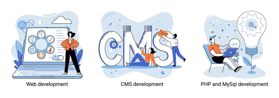 Website architecture concepts. Web development, PHP, MySQL, CMS, interface Illustrazione stock