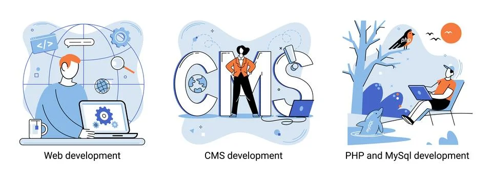 Website architecture concepts. Web development, PHP, MySQL, CMS, interface Stock Illustration