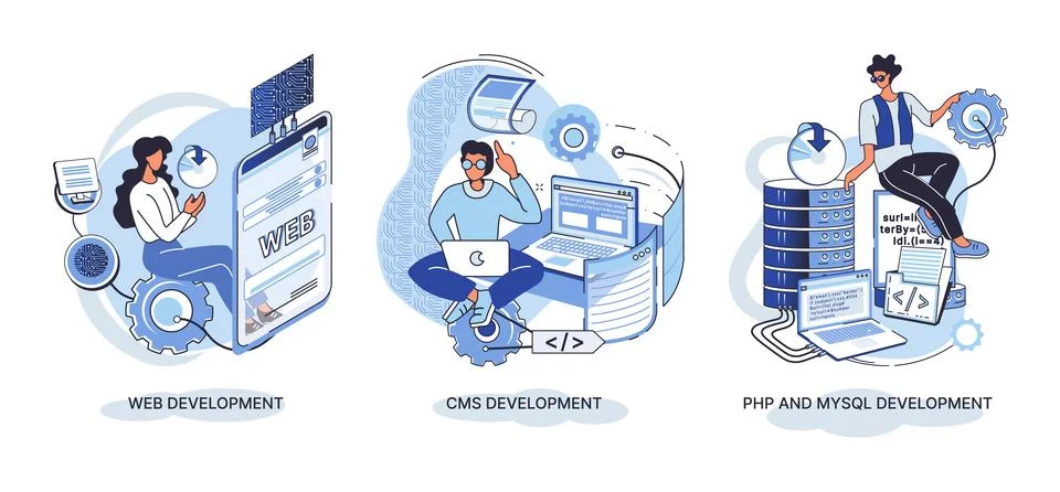 Website architecture concepts. Web development, PHP, MySQL, CMS, interface Stockillustratie