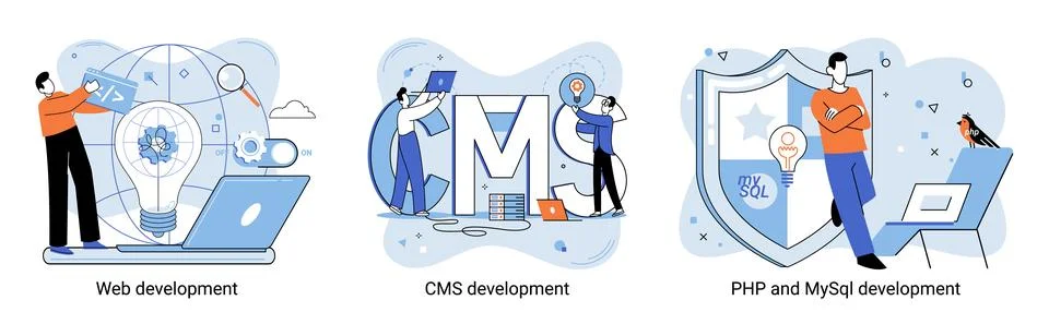 Website architecture concepts. Web development, PHP, MySQL, CMS, interface Illustrazione stock