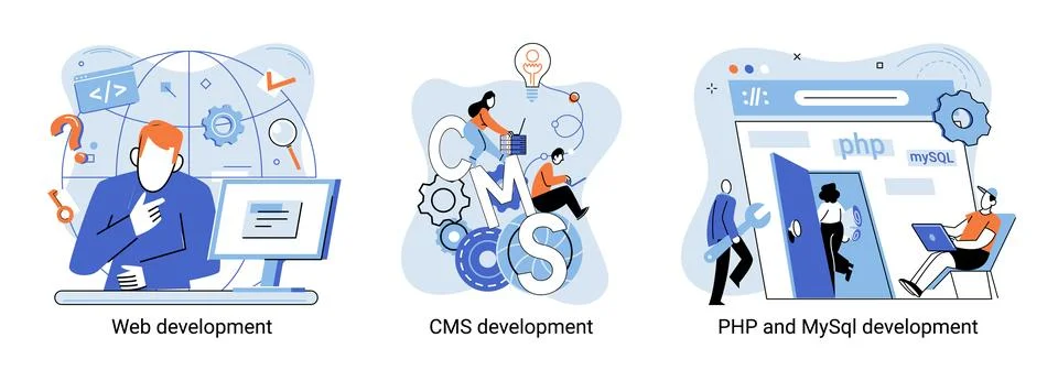 Website architecture concepts. Web development, PHP, MySQL, CMS, interface Stock Illustration