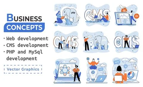 Website architecture concepts. Web development, PHP, MySQL, CMS, interface Illustrazione stock