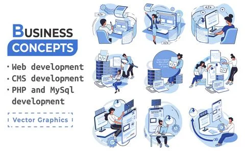 Website architecture concepts. Web development, PHP, MySQL, CMS, interface Stock Illustration