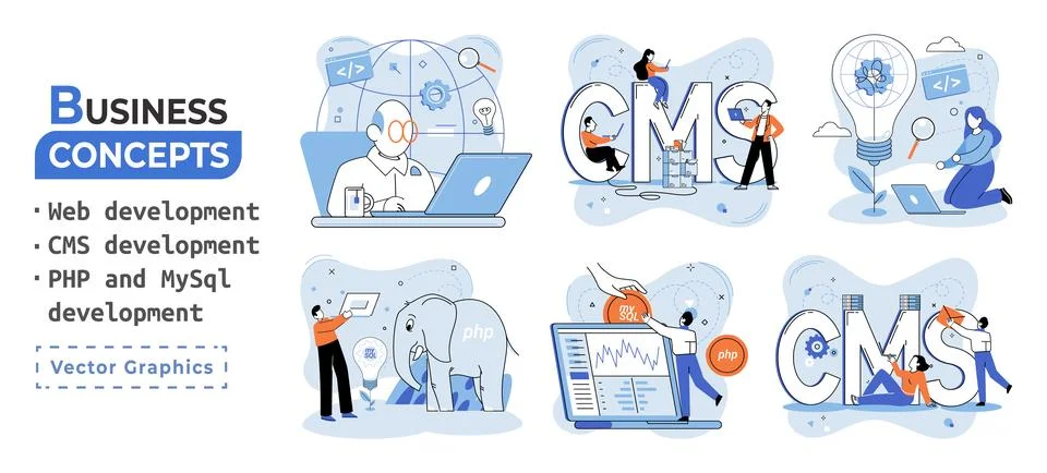 Website architecture concepts. Web development, PHP, MySQL, CMS, interface Stock Illustration