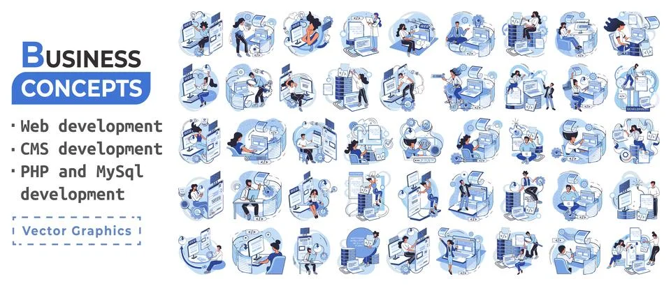 Website architecture concepts. Web development, PHP, MySQL, CMS, interface Stockillustratie