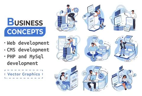 Website architecture concepts. Web development, PHP, MySQL, CMS, interface Stock Illustration