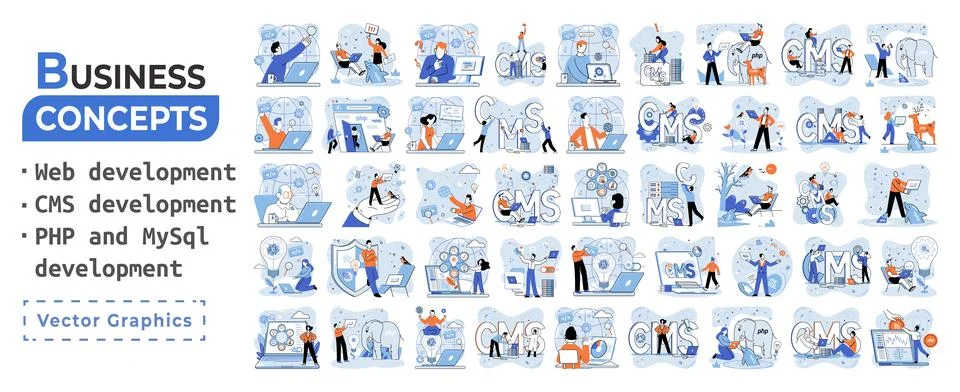 Website architecture concepts. Web development, PHP, MySQL, CMS, interface Stockillustratie