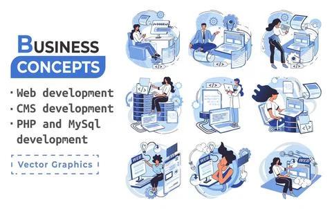 Website architecture concepts. Web development, PHP, MySQL, CMS, interface Stock Illustration