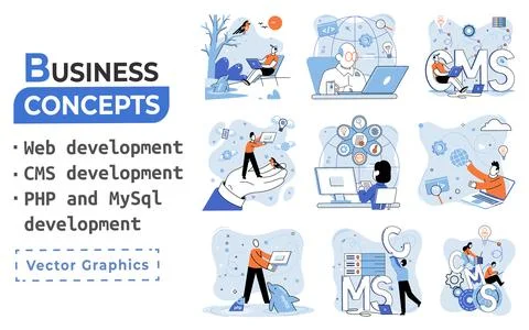 Website architecture concepts. Web development, PHP, MySQL, CMS, interface Illustrazione stock