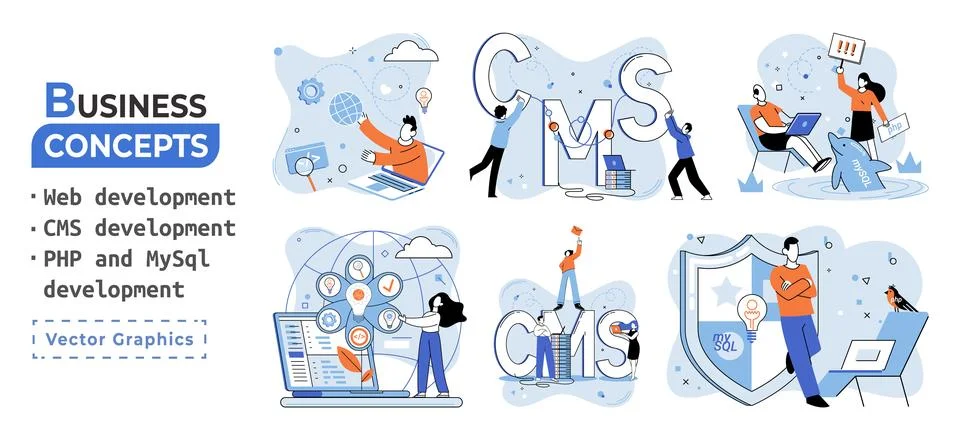 Website architecture concepts. Web development, PHP, MySQL, CMS, interface Stockillustratie