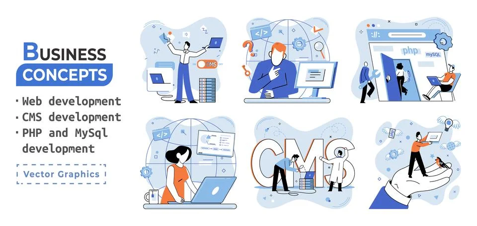 Website architecture concepts. Web development, PHP, MySQL, CMS, interface Stockillustratie