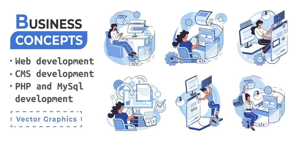 Website architecture concepts. Web development, PHP, MySQL, CMS, interface Illustrazione stock