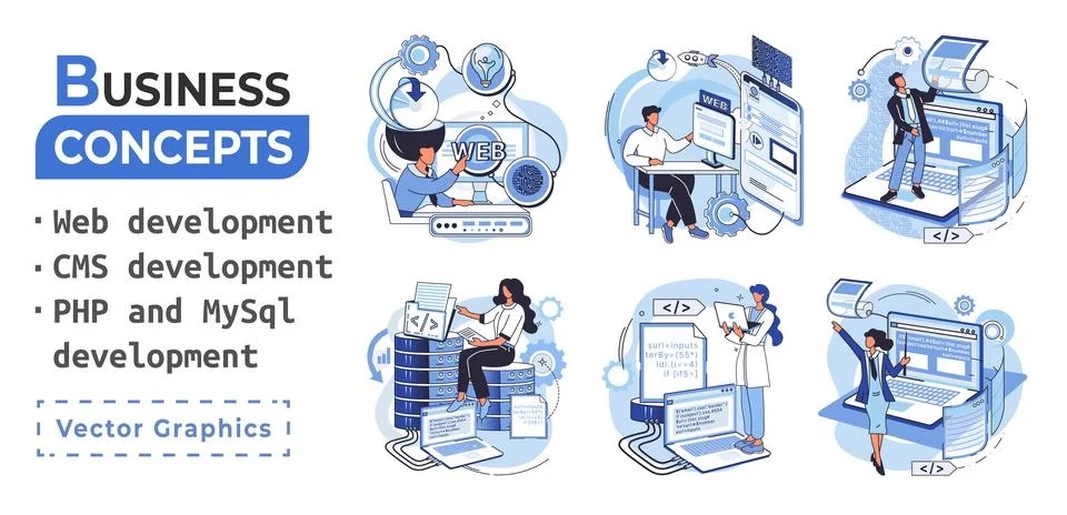 Website architecture concepts. Web development, PHP, MySQL, CMS, interface Illustrazione stock