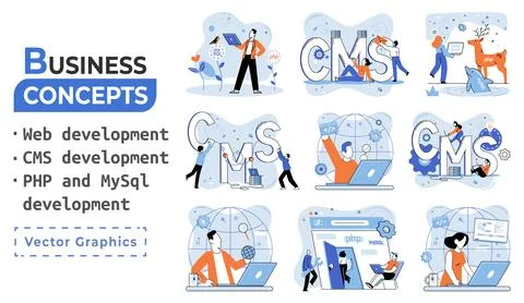 Website architecture concepts. Web development, PHP, MySQL, CMS, interface Illustrazione stock