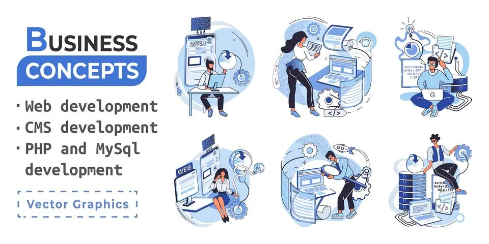 Website architecture concepts. Web development, PHP, MySQL, CMS, interface Illustrazione stock