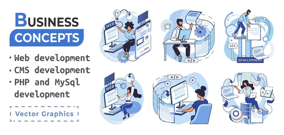 Website architecture concepts. Web development, PHP, MySQL, CMS, interface Stock Illustration