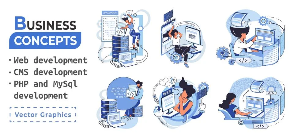 Website architecture concepts. Web development, PHP, MySQL, CMS, interface Illustrazione stock