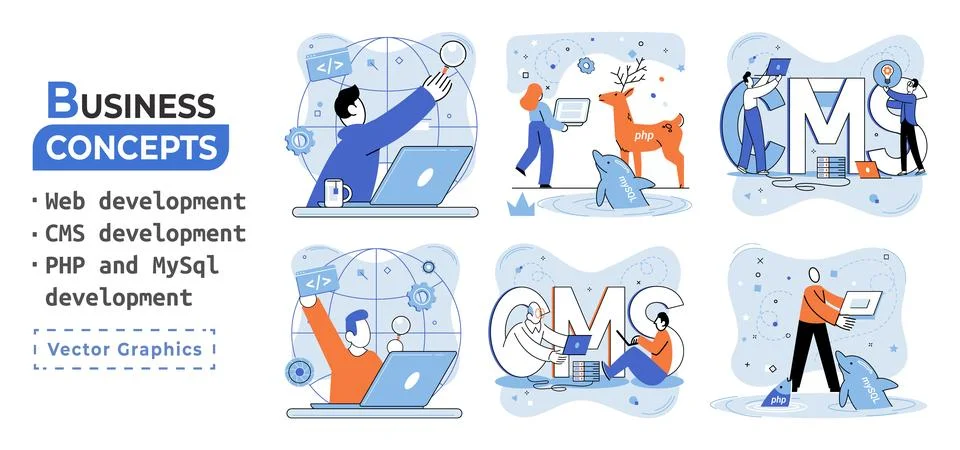 Website architecture concepts. Web development, PHP, MySQL, CMS, interface Stock Illustration