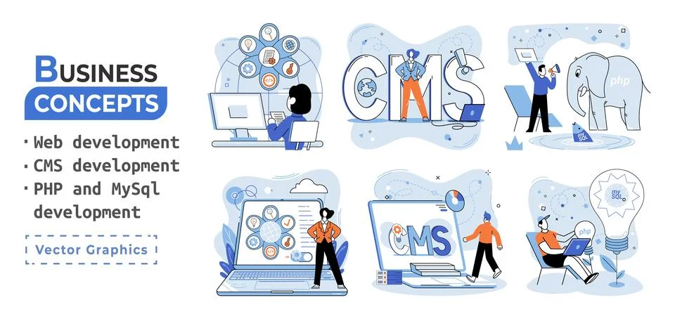 Website architecture concepts. Web development, PHP, MySQL, CMS, interface Stock Illustration