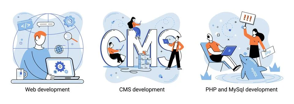 Website architecture concepts. Web development, PHP, MySQL, CMS, interface Stock Illustration