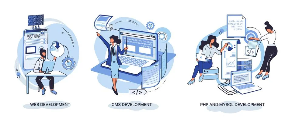 Website architecture concepts. Web development, PHP, MySQL, CMS, interface Stock Illustration