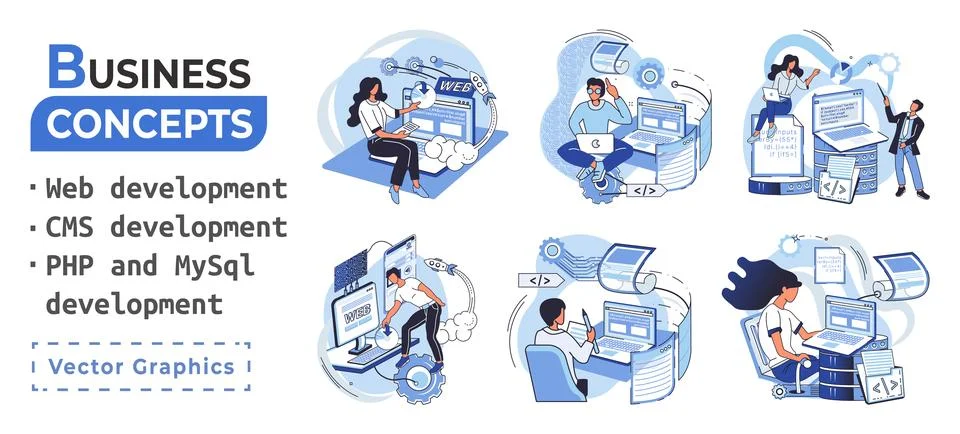 Website architecture concepts. Web development, PHP, MySQL, CMS, interface Illustrazione stock