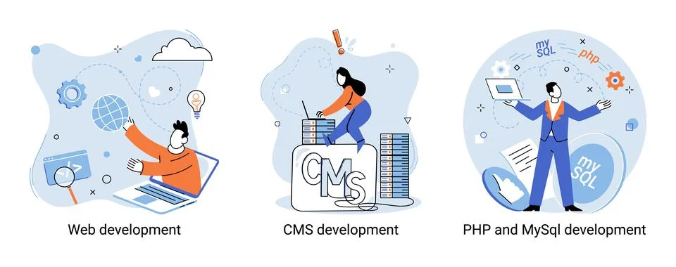 Website architecture concepts. Web development, PHP, MySQL, CMS, interface Stock Illustration