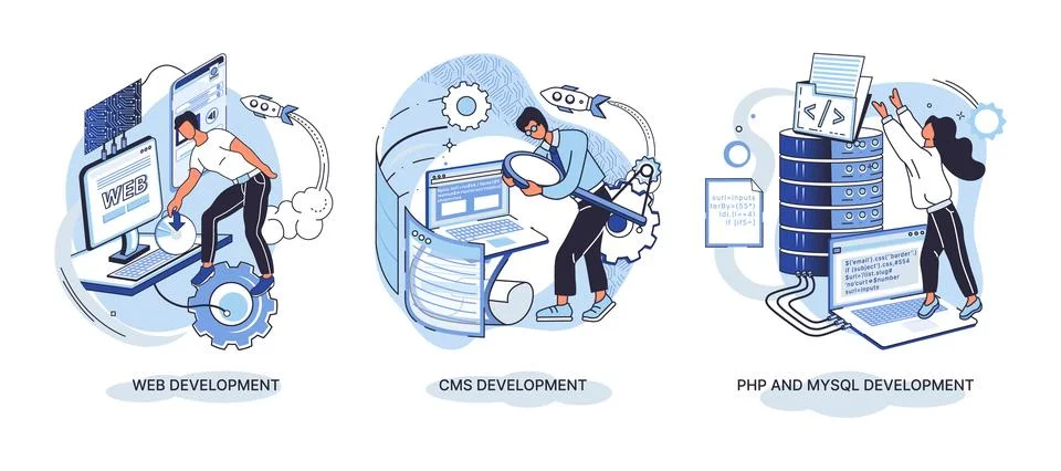 Website architecture concepts. Web development, PHP, MySQL, CMS, interface Stock Illustration