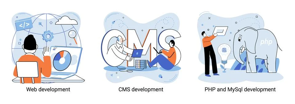 Website architecture concepts. Web development, PHP, MySQL, CMS, interface Illustrazione stock