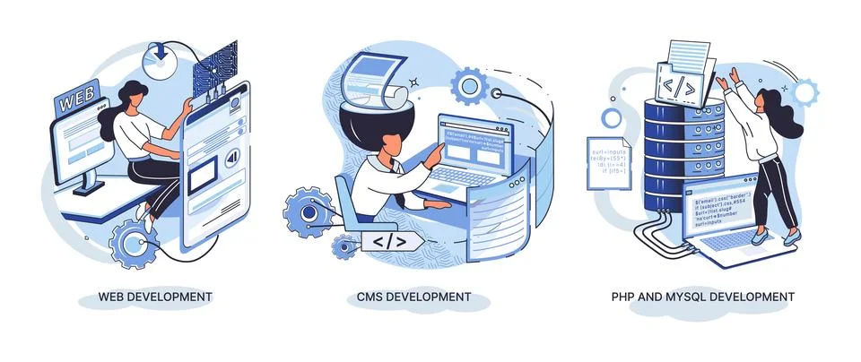 Website architecture concepts. Web development, PHP, MySQL, CMS, interface Stock Illustration