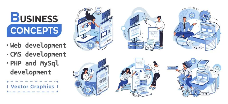 Website architecture concepts. Web development, PHP, MySQL, CMS, interface Stock Illustration