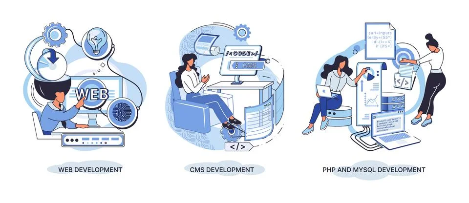 Website architecture concepts. Web development, PHP, MySQL, CMS, interface Illustrazione stock