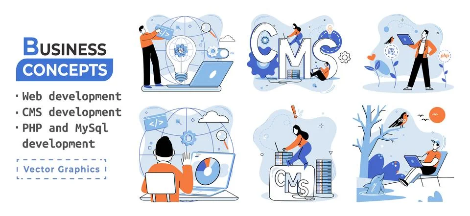 Website architecture concepts. Web development, PHP, MySQL, CMS, interface Illustrazione stock