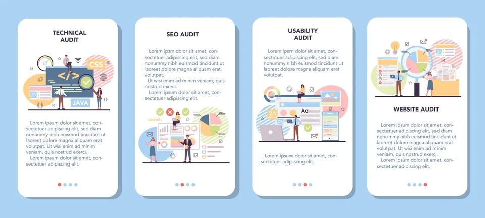 Website audit mobile application banner set. Web page analysis Illustrazione stock