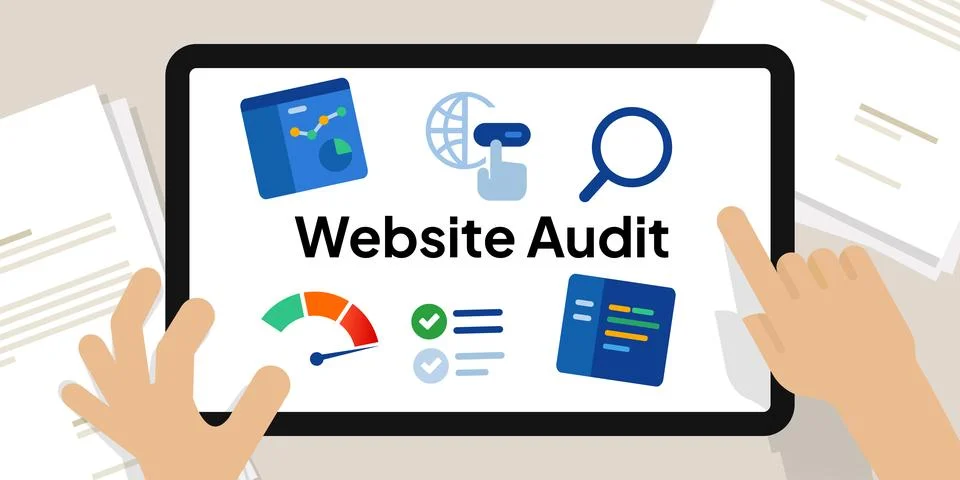 Website audit web page SEO auditing quality review for improvement hand on Stock Illustration