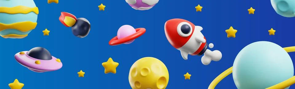Website banner about space with planets and stars 3D style Stock Illustration
